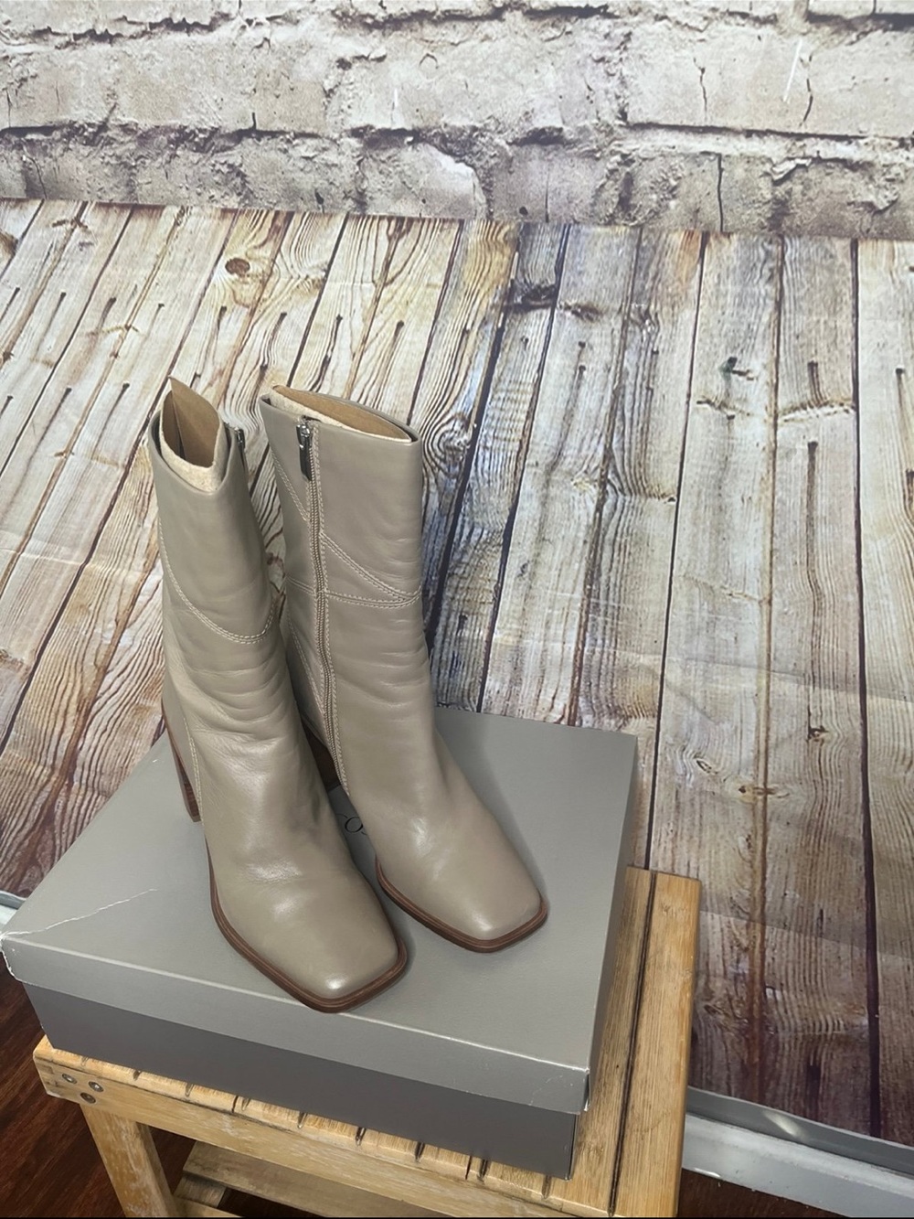 Franco Sarto “Mink beige” Women's Leather Mid-Calf Boot with Block Heel